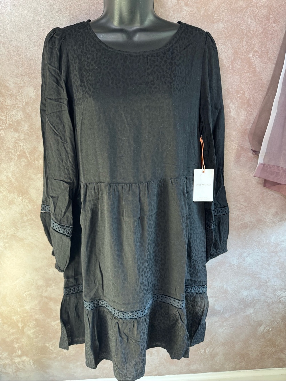 Skies Are Blue Black Long-Sleeve Tiered Dress with Lace Trim